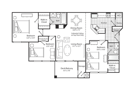 Floor plan for 3 beds, 2 baths, 1178 sqft